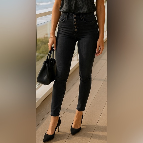 Free People Jeans Skinny High Rise Black Denim Distressed Boho Dark Academia 90s - Picture 1 of 6